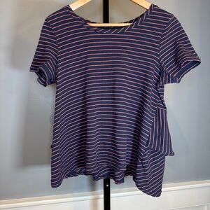 Anthropologie Maeve Navy Coral Striped Peplum Top Short Sleeve Size S